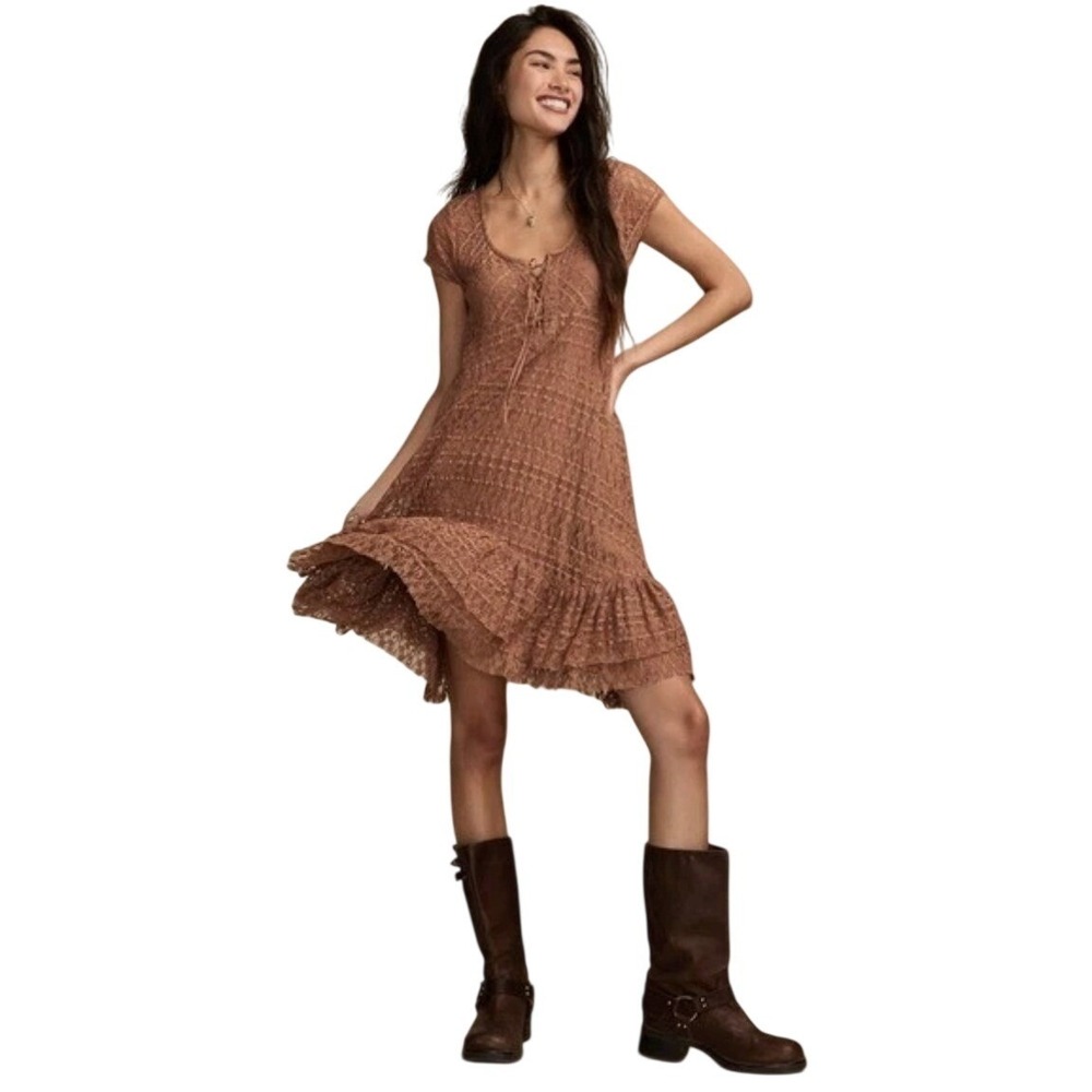 Lucky Brand Lace Mini Dress Brown Boho Lace Up Ruffle Summer Western Festival XS
